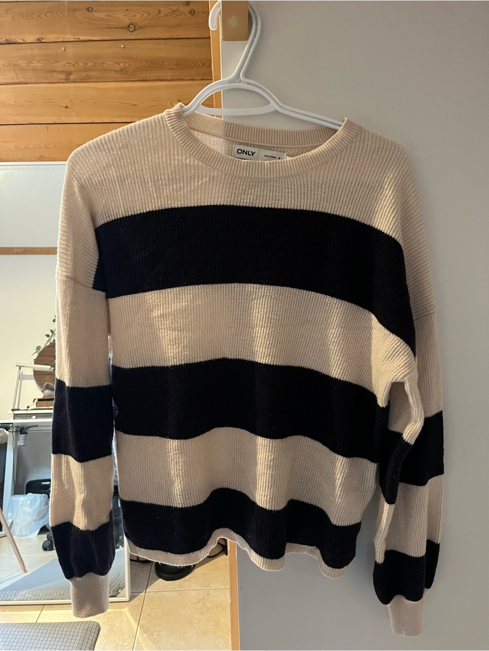ONLY Cream and Black Striped Knit Sweater